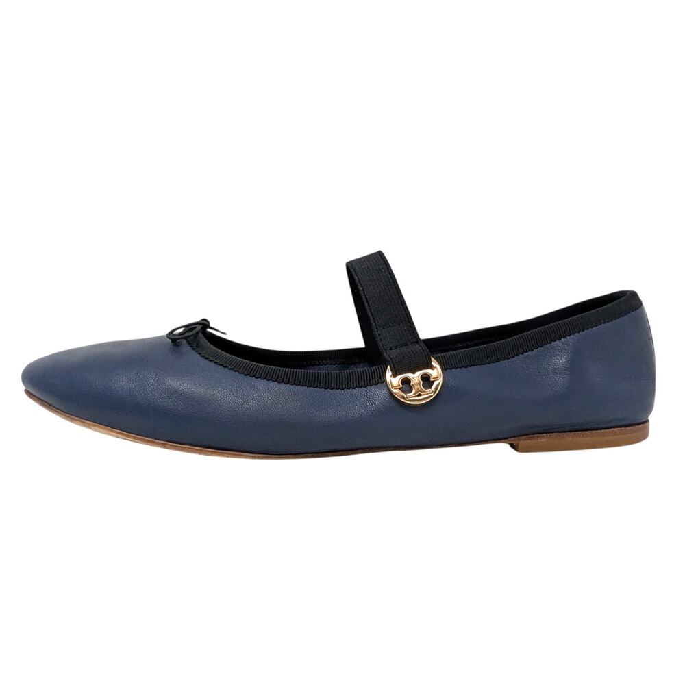 Tory Burch Blue Leather Mary Jane Flats Gold Logo 8.5